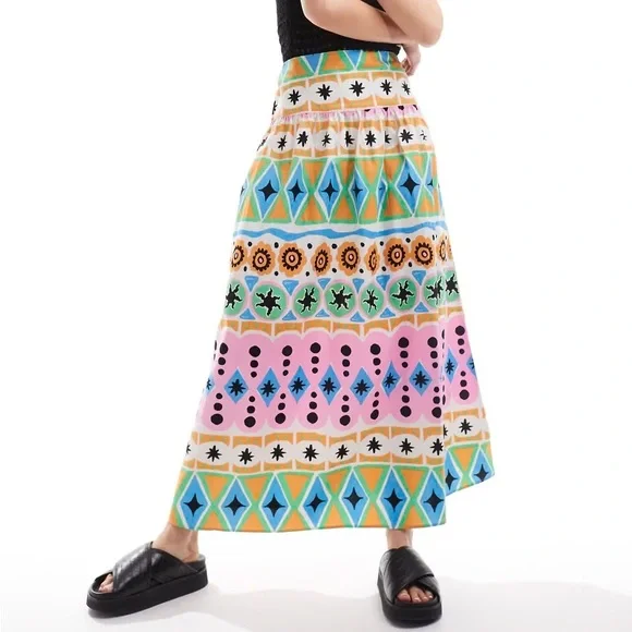 Colorful Geometric Dropped Waist Cotton Poplin Patterned Maxi Skirt - Picture 1 of 6